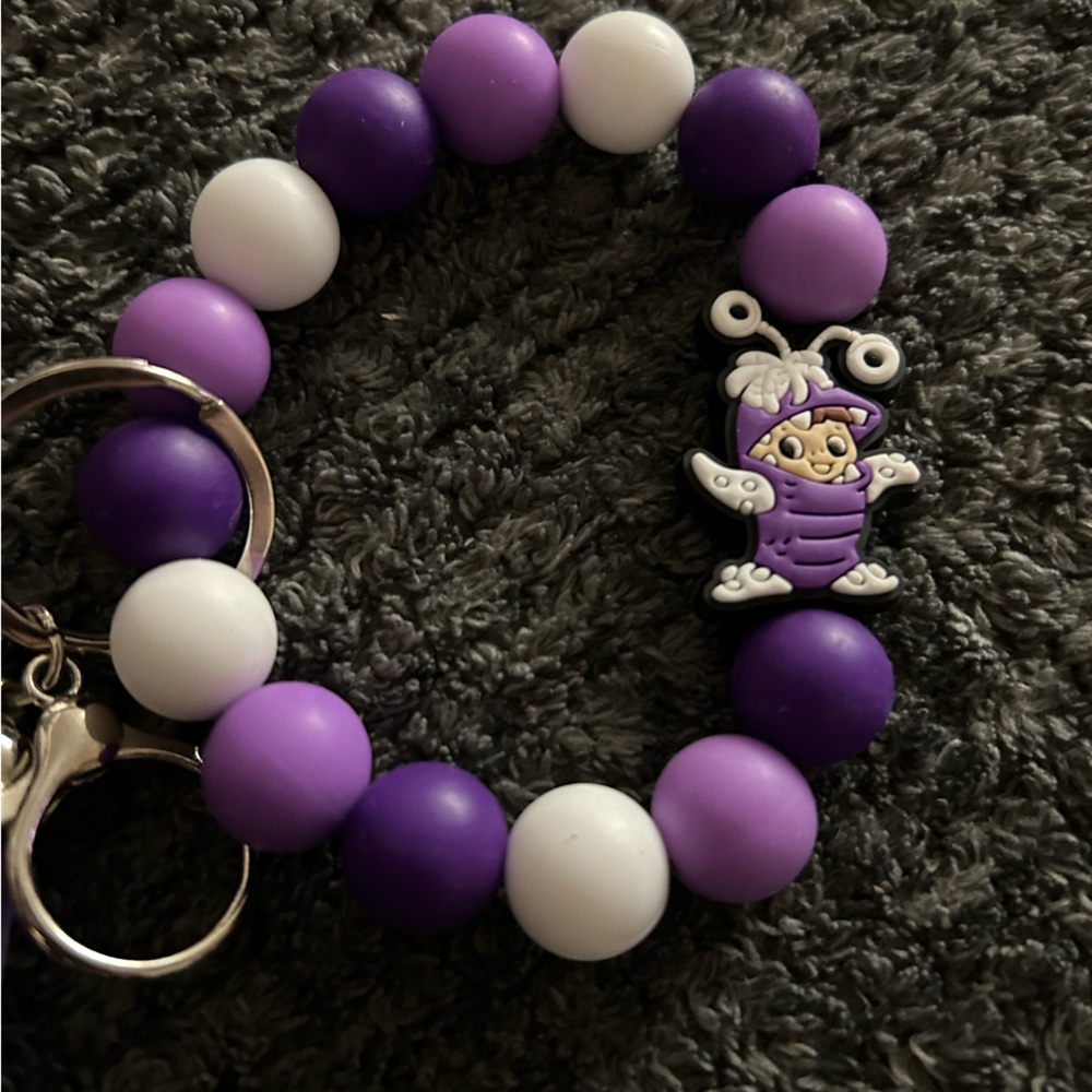 Purple & White Beaded Keyring Bracelet with boo Charm